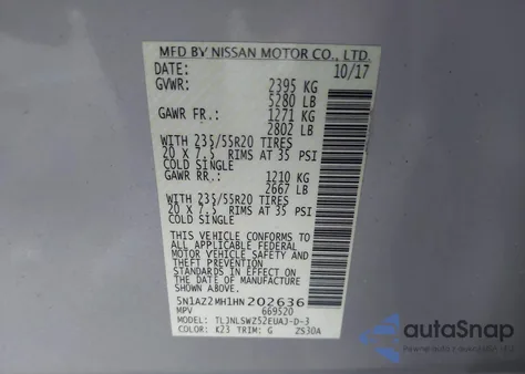 2017 Nissan Murano Platinum from USA, damaged, VIN 5N1AZ2MH1HN202636